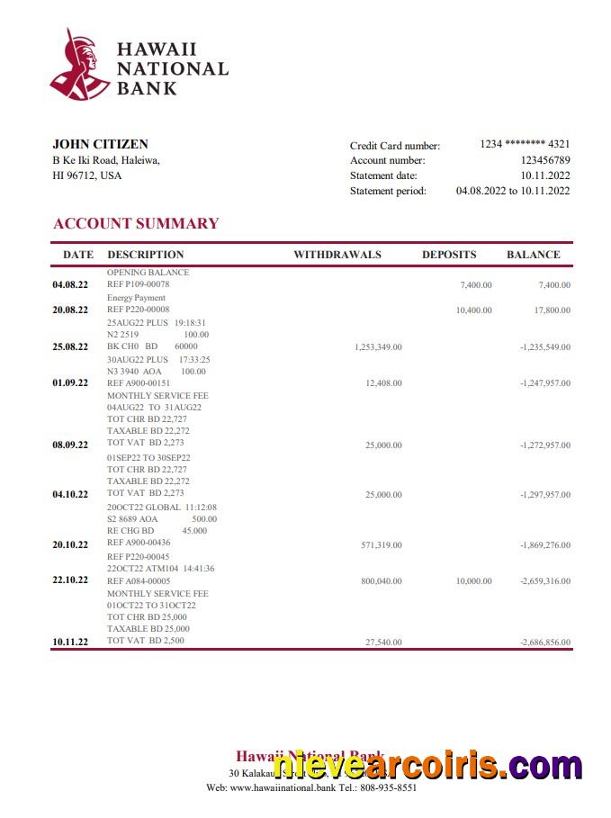 Hawaii Hawaii National Bank statement